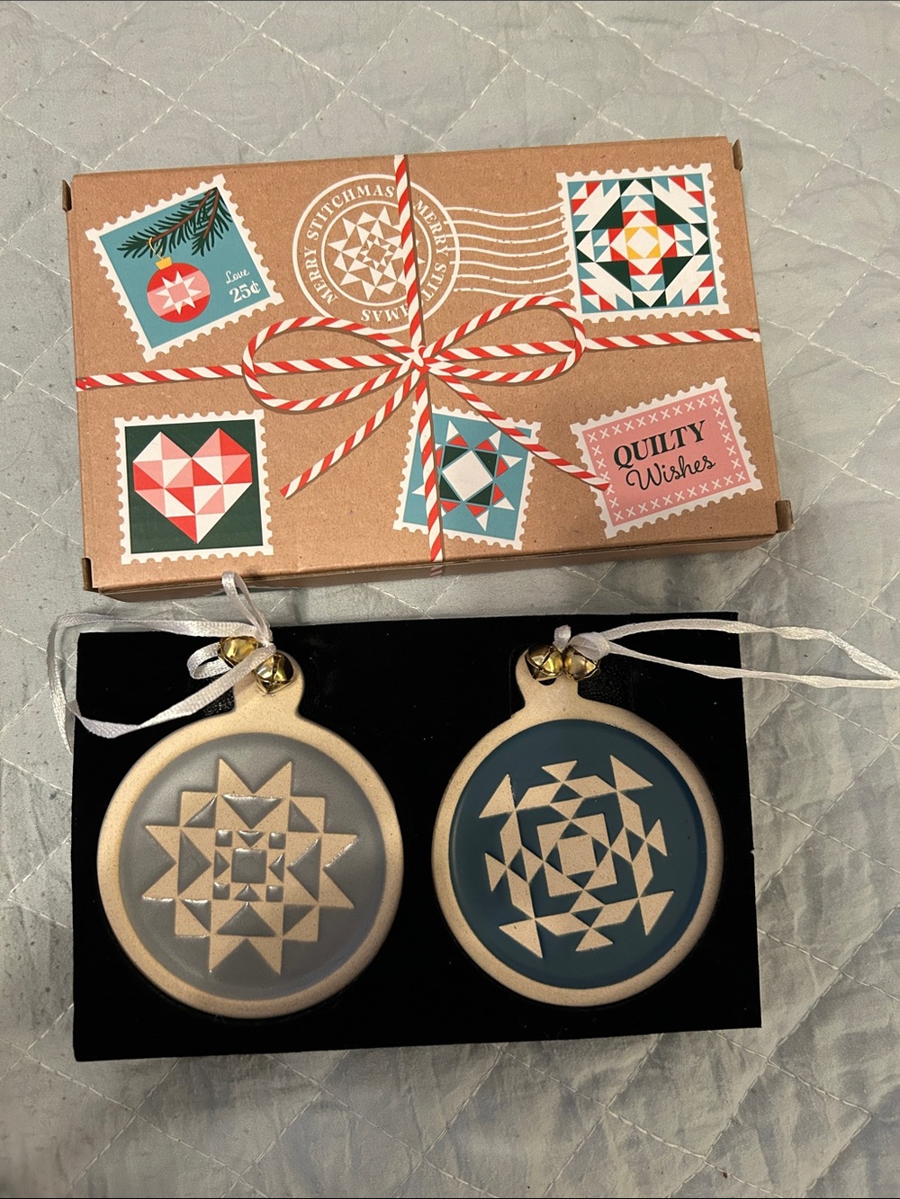 Quilting Holiday Ceramic Ornament Set - Blue and Cream new in box great gift